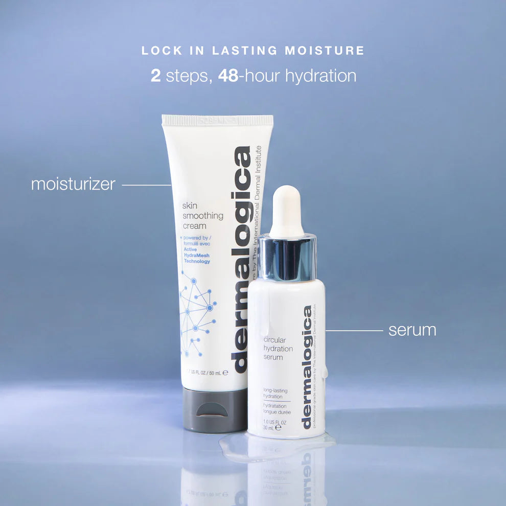 Two full-size Dermalogica South Africa products from the "hydration you can feel kit" stand upright on a light blue background. Text reads: LOCK IN LASTING MOISTURE. 2 steps, 48-hour hydration.