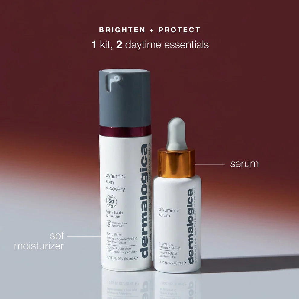 Dermalogica South Africa’s get + keep your glow kit (2 full-size) on a gray surface: a tall broad spectrum SPF moisturizer and a smaller Vitamin C serum. Text above reads, “1 kit, 2 daytime essentials.”.