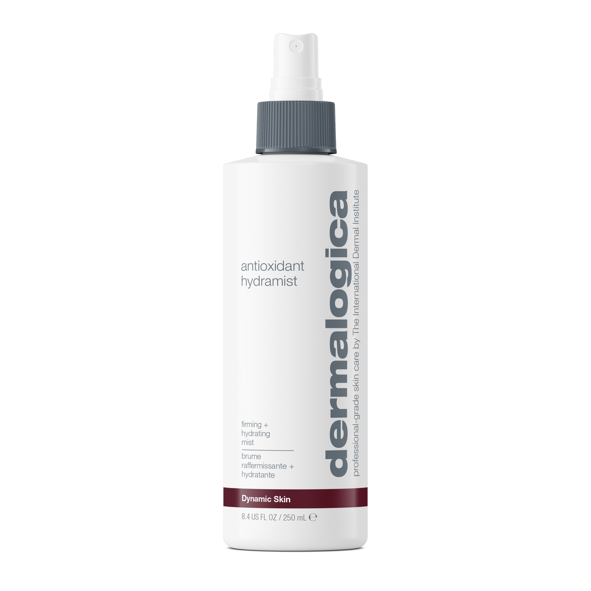 A white spray bottle of Dermalogica antioxidant hydramist with a gray cap and descriptive text highlights its firming and hydrating benefits—this antioxidant toner is formulated to hydrate, firm, and enhance skin radiance.