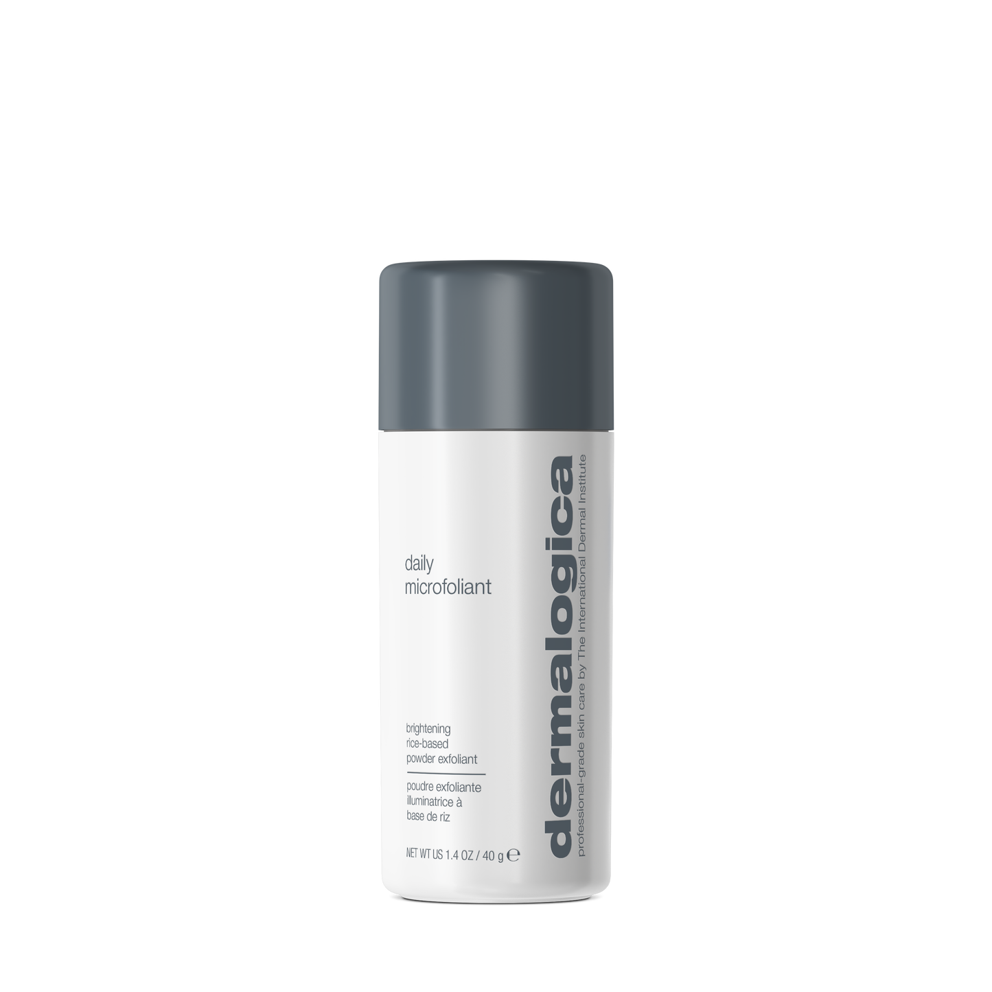 A white Dermalogica daily microfoliant bottle with a gray cap and branding sits against a plain white background. The label describes it as a skin brightening exfoliating powder.