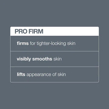 A gray chart titled "PRO FIRM" highlights Dermalogica's pro firm treatment: professional-grade retinols for firmer, tighter-looking skin, visibly smooths skin, and lifts appearance.