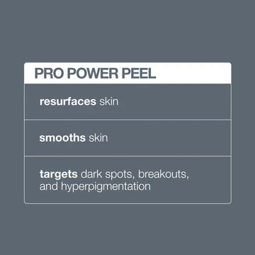 A graphic titled Dermalogica pro power peel treatment lists benefits: deep exfoliation, resurfaces and smooths skin, targets dark spots, breakouts, uneven pigmentation, and hyperpigmentation. Text is displayed on a gray background.