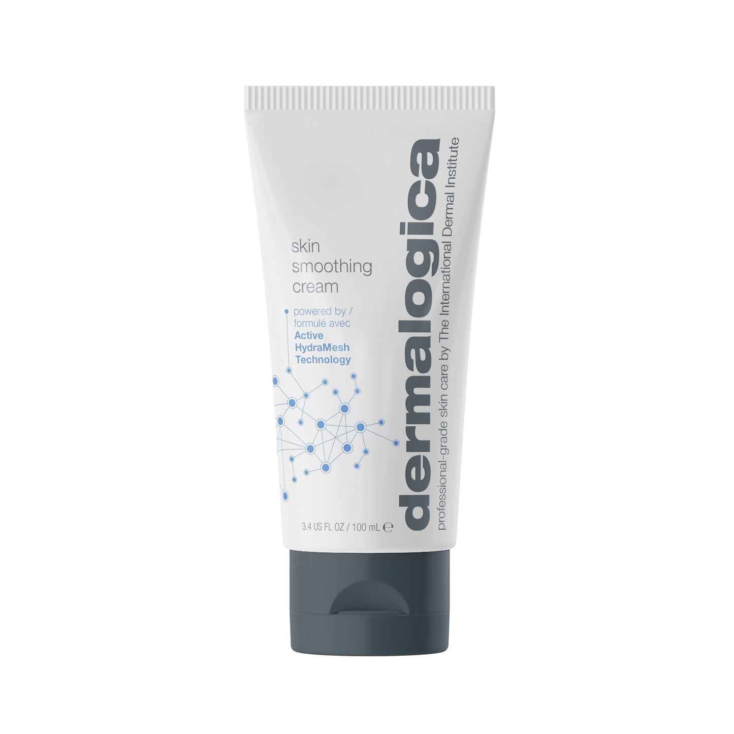A 100 ml (3.4 fl oz) white tube of Dermalogica skin smoothing cream moisturiser with a dark gray cap, blue molecular graphics, and text highlighting Active HydraMesh Technology for 48-hour hydration.