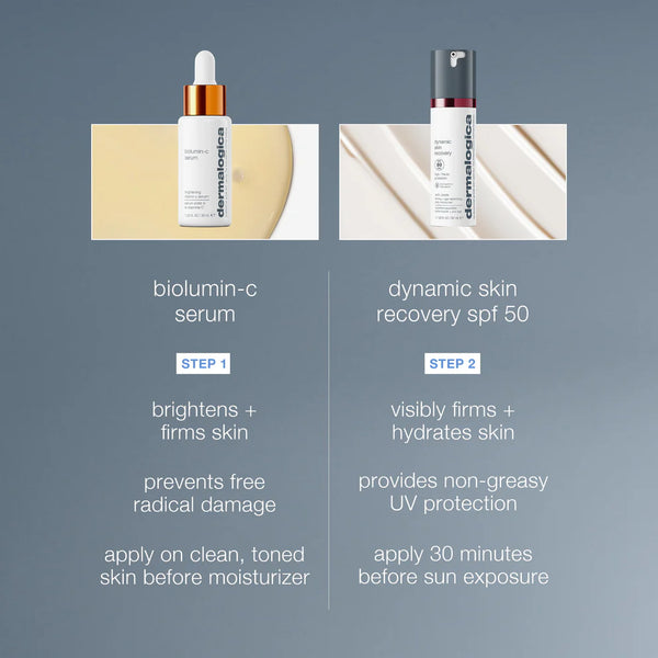 Compare two full-size products in Dermalogica South Africa's get + keep your glow kit, featuring steps, benefits, and application instructions—all presented on a soft blue gradient background.
