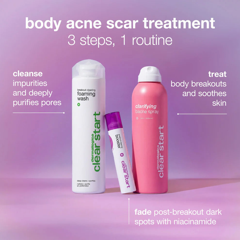 Three Dermalogica South Africa breakout rescue trio products on a pink background with text: body acne scar treatment, 3 steps, 1 routine—cleanse, treat, fade—with descriptions of each step. Ideal for anyone seeking an effective body acne treatment or acne scar solution to target breakouts and help fade marks.