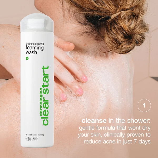 A person is washing their back with foaming cleanser from the Dermalogica South Africa breakout rescue trio. A bottle of the cleanser is shown. Text highlights that it’s a gentle formula, clinically proven to reduce acne in 7 days and won’t dry out skin—making it an ideal body acne treatment for clear, smooth skin.