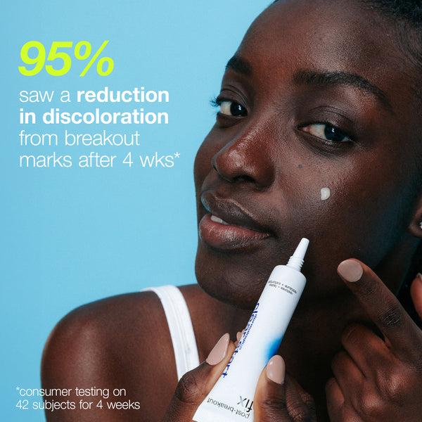 A woman with clear skin applies Dermalogica's post-breakout fix to her cheek. Text reads, "95% saw reduced discoloration from breakout marks after 4 weeks," based on consumer testing on 42 subjects.