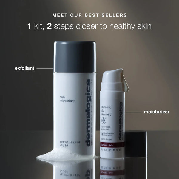 Dermalogica South Africa’s skin transformation duo stands side by side on a reflective surface, highlighting a simple yet effective routine for achieving radiant, healthy skin.