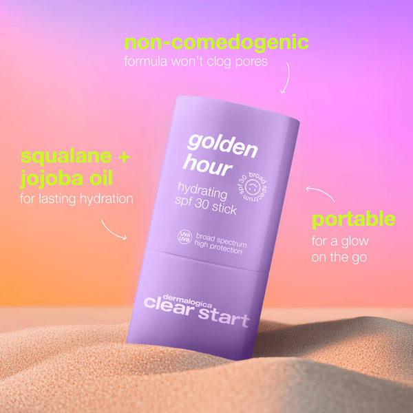 The golden hour hydrating spf30 stick by Dermalogica South Africa, shown on sand at sunset, is non-comedogenic and infused with squalane and jojoba oil—perfect for on-the-go hydration and protection under vibrant skies.