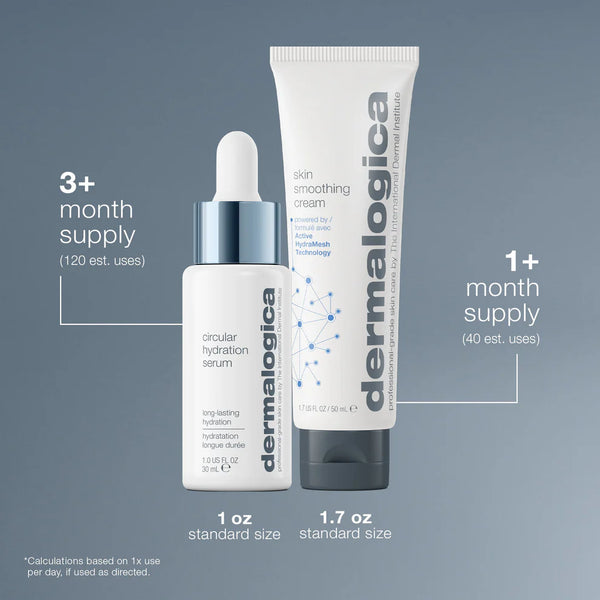 Dermalogica South Africa’s hydration you can feel kit (2 full-size) includes a 1 oz hyaluronic acid serum (lasts 3+ months) and a 1.7 oz Skin Smoothing Cream (lasts 1+ month), per estimated uses.