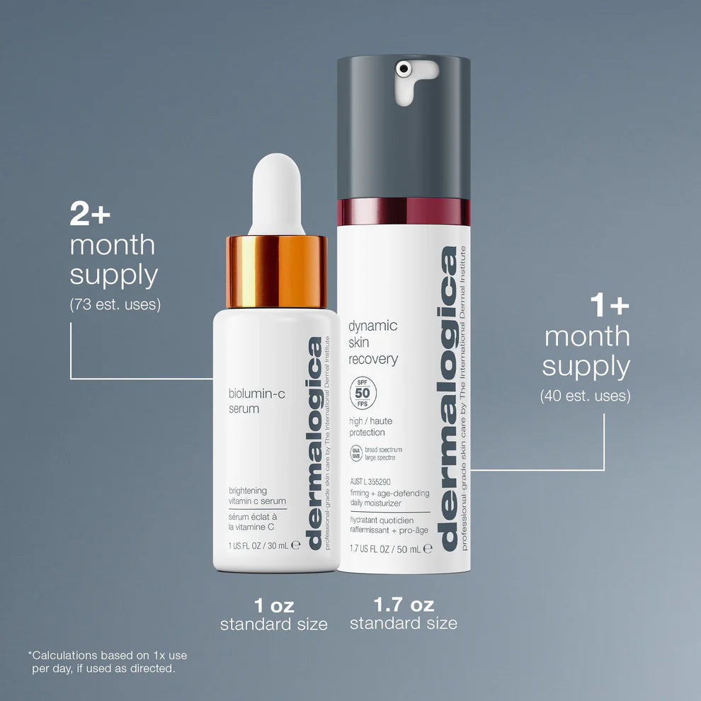 Dermalogica South Africa’s get + keep your glow kit (2 full-size) includes a Vitamin C serum (1 oz) and an anti-aging SPF 50 moisturizer (1.7 oz), providing over a month of radiant, protected skin.