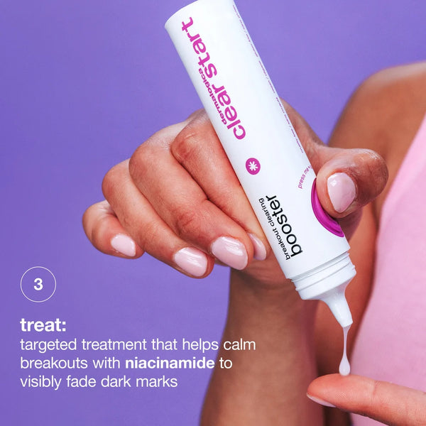 A hand squeezes a tube from the breakout rescue trio by Dermalogica South Africa onto a fingertip against a purple background. Text highlights how niacinamide in this effective body acne treatment helps soothe breakouts and reduce dark marks, making it a great choice for both facial and bacne care.