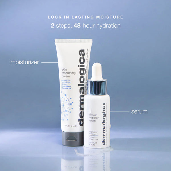Two full-size Dermalogica South Africa products from the "hydration you can feel kit" stand upright on a light blue background. Text reads: LOCK IN LASTING MOISTURE. 2 steps, 48-hour hydration.