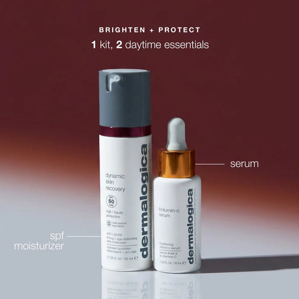 Dermalogica South Africa’s get + keep your glow kit (2 full-size) on a gray surface: a tall broad spectrum SPF moisturizer and a smaller Vitamin C serum. Text above reads, “1 kit, 2 daytime essentials.”.