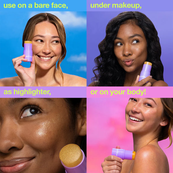 Four women demonstrate Dermalogica South Africa’s golden hour hydrating spf30 stick—showing its non-comedogenic use on bare skin, under makeup, as a highlighter, and on the body—while smiling against vibrant backgrounds with informative text.