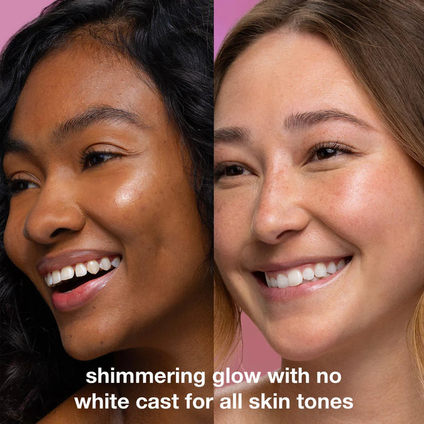 Close-up of two women with different skin tones smiling, their radiant skin highlighting the shimmering glow from Dermalogica South Africa's golden hour hydrating spf30 stick—no white cast, non-comedogenic, for every complexion.