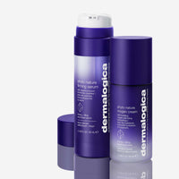 A purple Dermalogica phyto nature firming serum bottle with a new pump sits in a blue circle. The 40 ml (1.3 US fl oz) skincare serum features white text and targets visible skin ageing for youthful-looking skin.