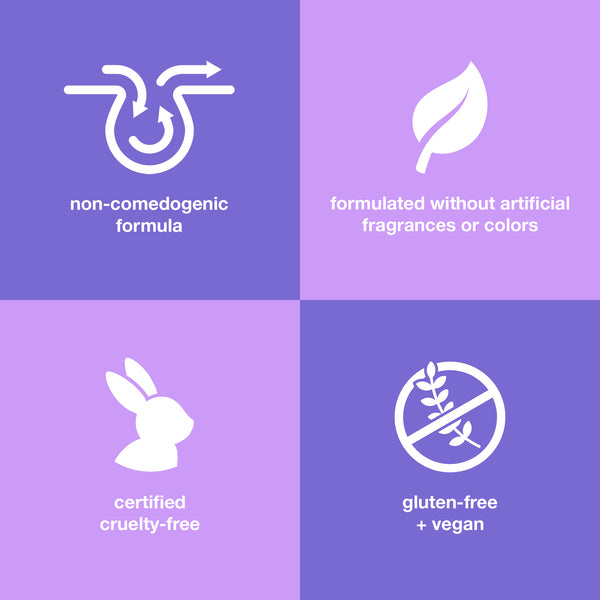 Dermalogica post-breakout fix features a purple and lavender grid with four icons: non-comedogenic formula, acne treatment, no artificial fragrances or colors, certified cruelty-free, gluten-free, and vegan.