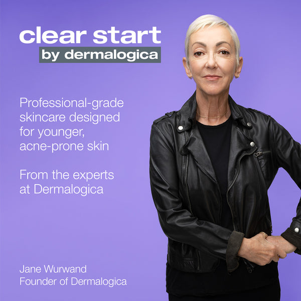 A confident older woman with short white hair in a black leather jacket stands against a purple background. Text promotes Dermalogica's post-breakout fix, a professional-grade spot treatment for acne-prone skin.