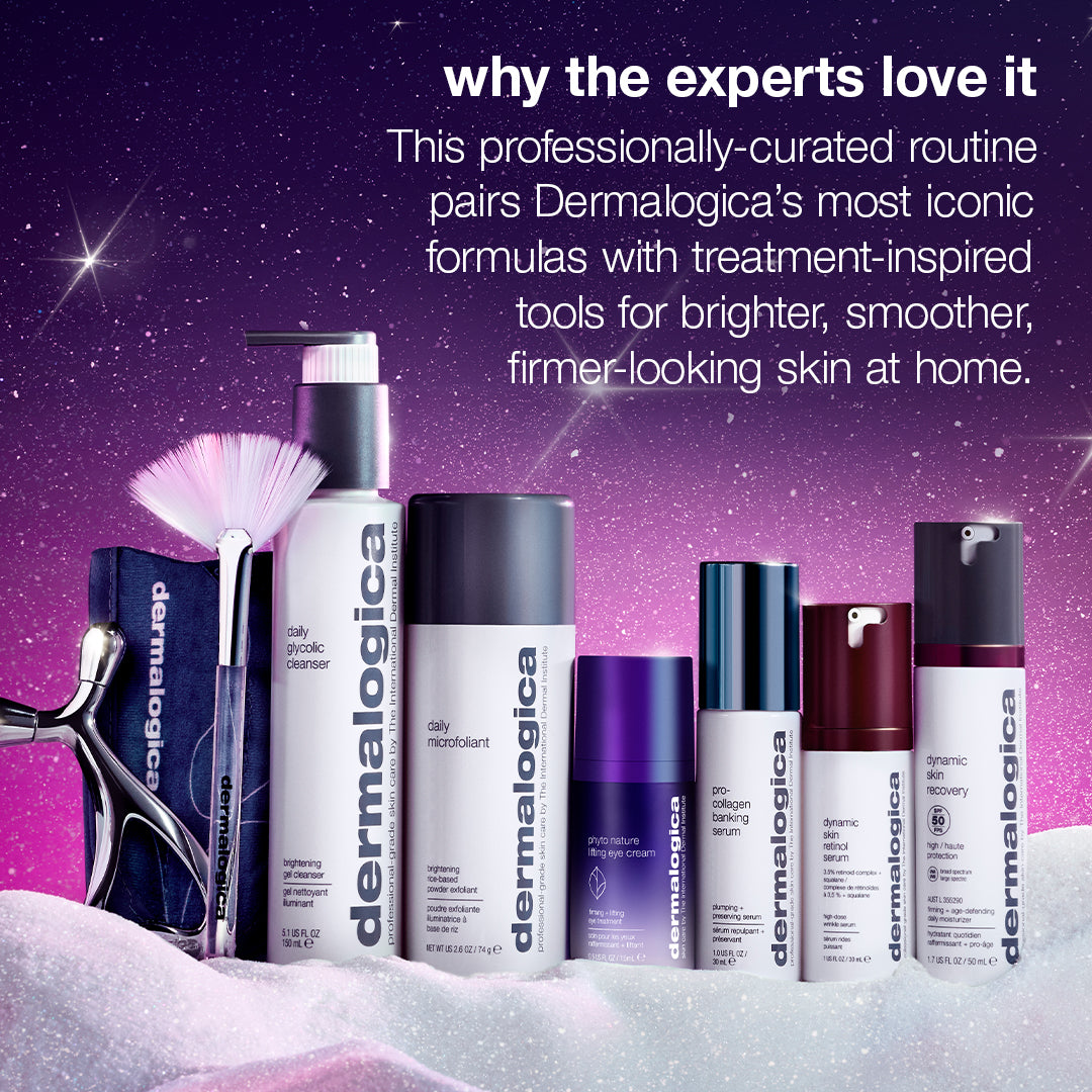 The Dermalogica South Africa the ultimate expertise set (6 full-size + 2 face tools + headband) features six skincare products, a spatula, a massage tool, and a headband on a snowy surface against a purple starry background.