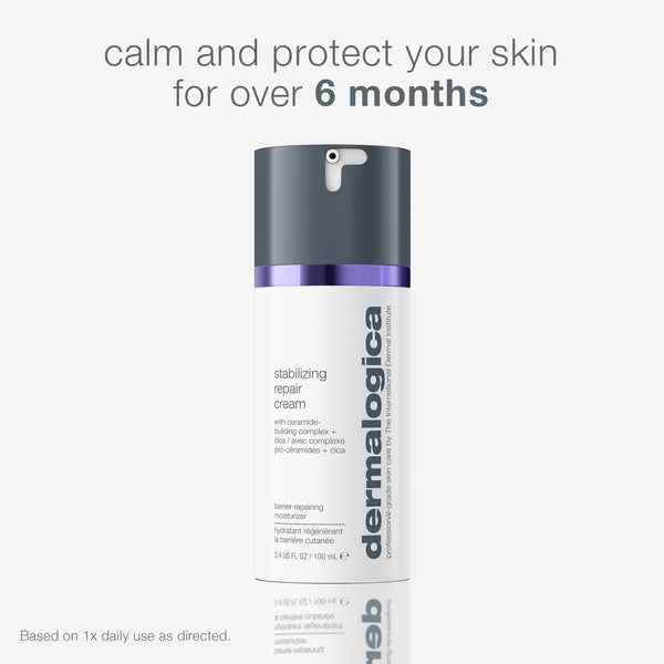 A Dermalogica stabilizing repair cream for sensitive skin sits on a light background. Text above says: Calm and protect your skin for over 6 months.* *Based on once daily use.