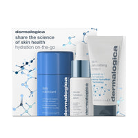 The Dermalogica hydration on-the-go set (3 travel size) includes an oat-based powder exfoliant, hydrating serum with dropper, and skin smoothing cream, all displayed before branded packaging with a blue R799 price label.