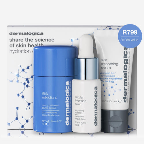 The Dermalogica hydration on-the-go set (3 travel size) includes an oat-based powder exfoliant, hydrating serum with dropper, and skin smoothing cream, all displayed before branded packaging with a blue R799 price label.