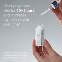The Dermalogica hydration on-the-go set (3 travel size) includes an oat-based powder exfoliant, hydrating serum with dropper, and skin smoothing cream, all displayed before branded packaging with a blue R799 price label.