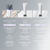 Dermalogica stabilizing repair cream comes in a bottle with a black pump, purple accent, and white label featuring grey and blue text—perfect for sensitive skin needing redness relief.