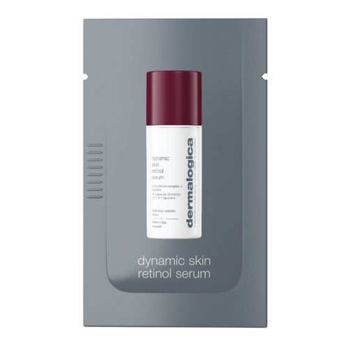 A sample sachet of Dermalogica dynamic skin retinol serum is shown, featuring a white bottle with a burgundy cap on a gray background, with the product name and Dermalogica branding visible.