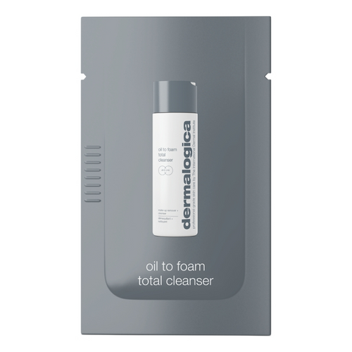 A Dermalogica oil to foam cleanser sample in a white bottle with gray labeling is attached to a gray backing card displaying the product name at the bottom.
