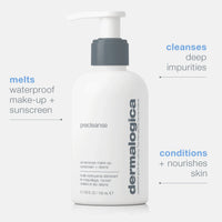 A white Dermalogica precleanse bottle with a gray pump and bilingual label, highlighting its use as a deep cleansing oil for double cleansing to remove makeup, sunscreen, and impurities.