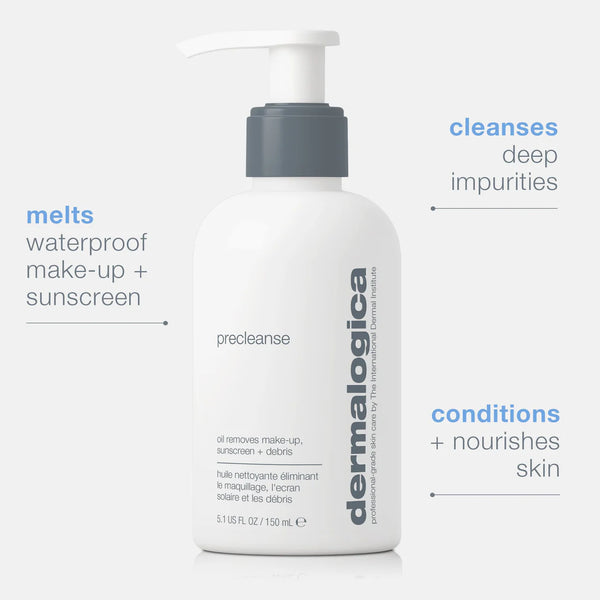 A white pump bottle of Dermalogica precleanse is centered on a light background. Text highlights its benefits: dissolves waterproof makeup and sunscreen, supports double cleansing, and nourishes skin.
