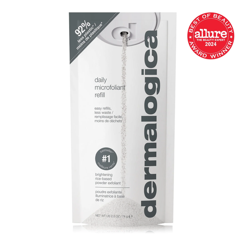 A white refill pouch of Dermalogica daily microfoliant exfoliating powder, with powder spilling out and product details, is shown with an Allure Best of Beauty 2024 Award Winner badge in the top right corner.