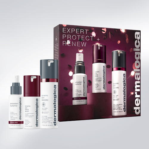 A Dermalogica South Africa expert protect + renew set gift box with a retinol serum, an antioxidant hydramist, and a recovery moisturizer standing in front of it.