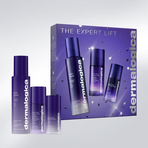 Dermalogica South Africa the expert lift set (3 full-size) featuring three Phyto Nature skin care bottles and an eye cream tube displayed in front of a matching purple gift box designed to lift and firm.