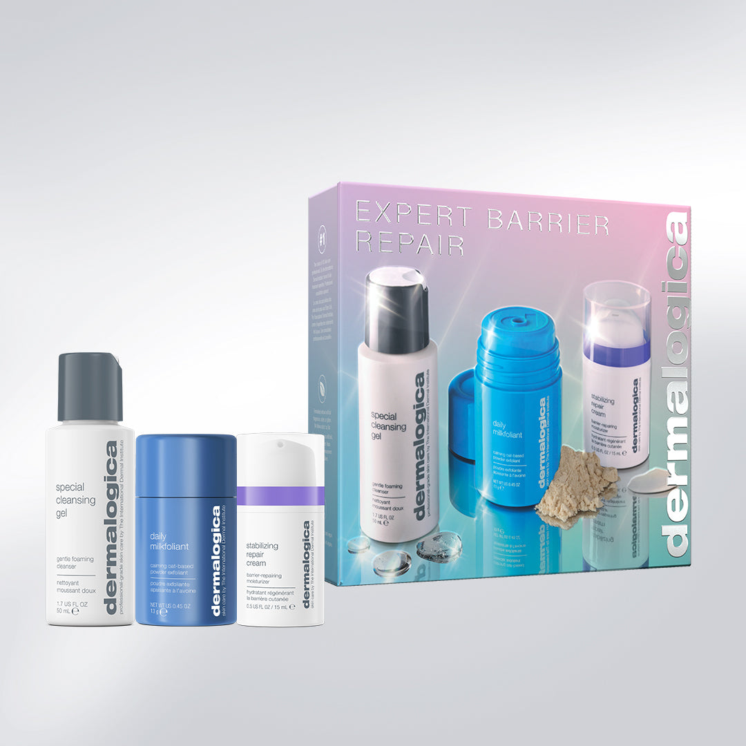 Three travel-size bottles from the Dermalogica South Africa expert barrier repair set, including Special Cleansing Gel and Stabilizing Repair Cream, placed next to their branded product box.