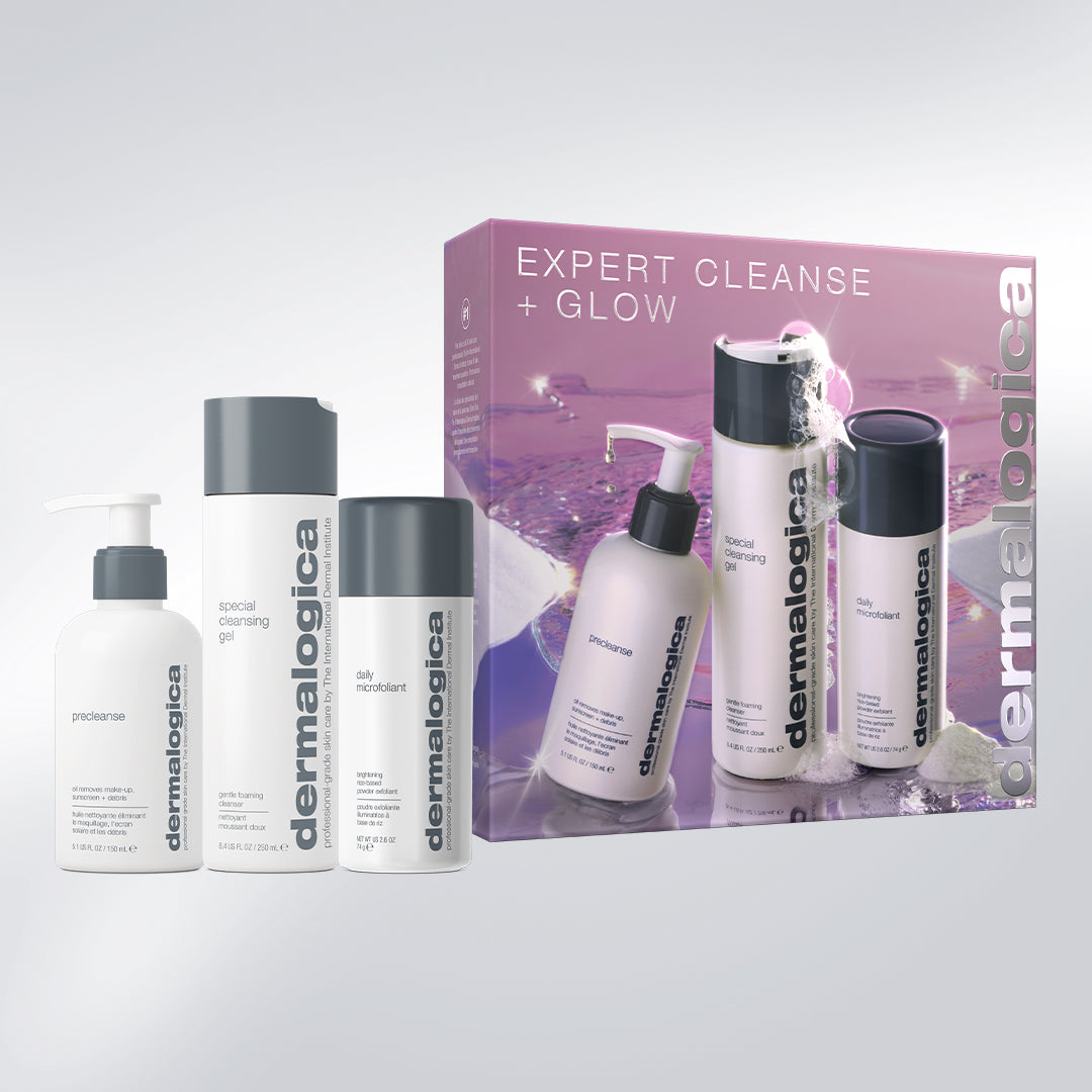 Dermalogica South Africa expert cleanse + glow set (3 full-size) featuring a precleanse oil, a cleansing gel, and a brightening powder exfoliant in a matching box.