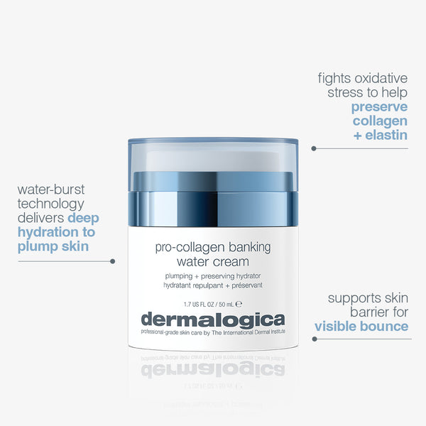 A jar of Dermalogica South Africa pro-collagen banking water cream, offering deep hydration, a powerful peptide complex to preserve collagen and elastin, and support for visibly bouncier skin.