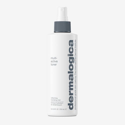 A 250 ml white spray bottle of Dermalogica multi active toner with a gray nozzle and text, designed to boost skin hydration and moisture absorption.