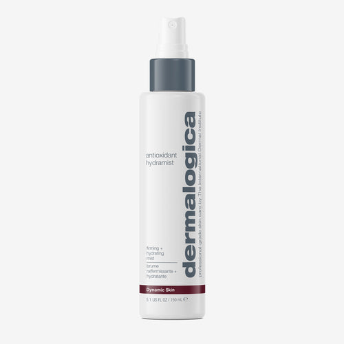 Dermalogica antioxidant hydramist is a white spray bottle with a gray nozzle and purple accent; this toner firms, hydrates, and offers anti-ageing benefits.