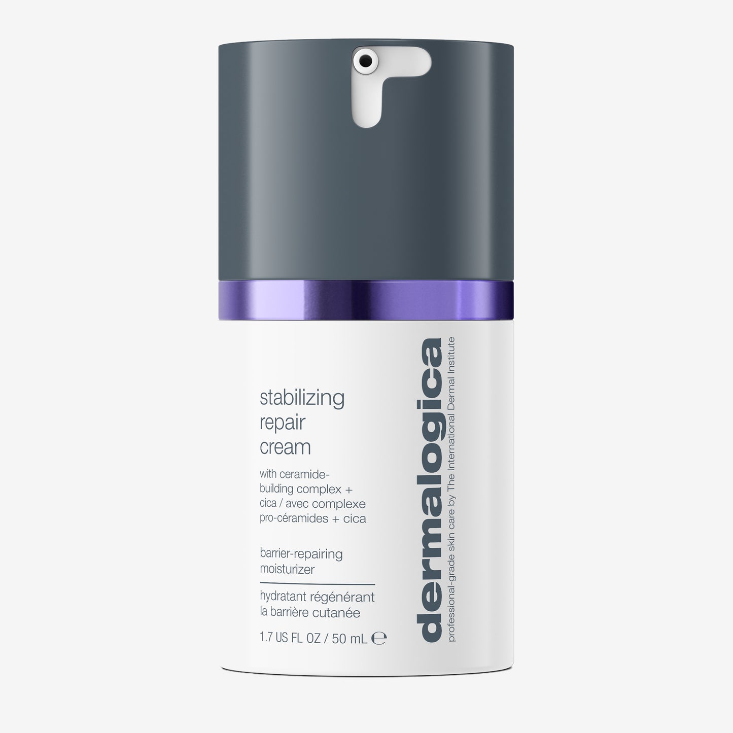 Dermalogica Stabilizing Repair Cream is a white and purple 1.7 fl oz (50 ml) pump bottle moisturizer for sensitive skin. Its ceramide-building complex and cica help repair the barrier and soothe redness.