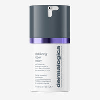 Dermalogica stabilizing repair cream comes in a bottle with a black pump, purple accent, and white label featuring grey and blue text—perfect for sensitive skin needing redness relief.