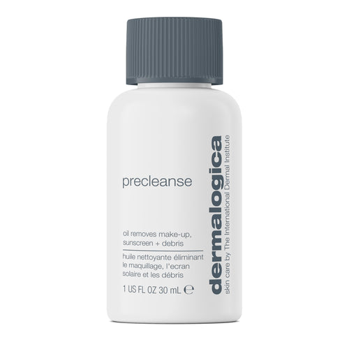 A 30 mL white bottle of Dermalogica precleanse with a gray cap, labeled as a deep cleansing oil that removes makeup, sunscreen, and debris. "Dermalogica" appears vertically on the right side of the bottle.
