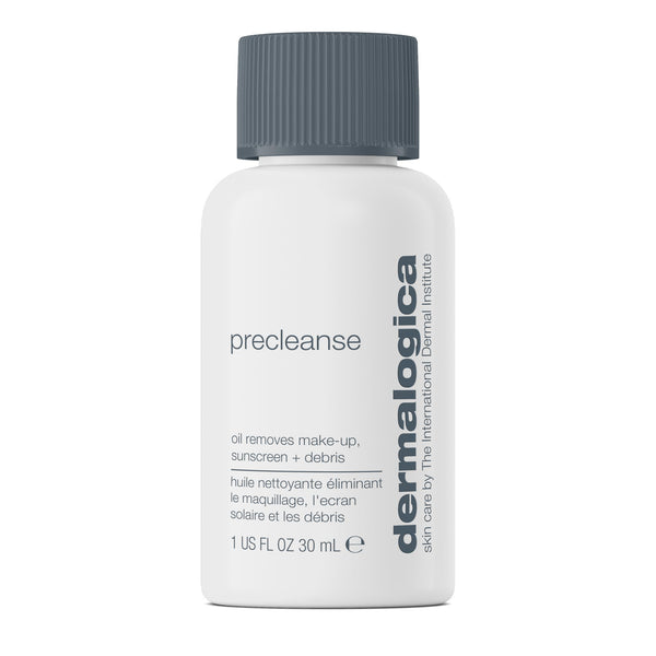 A 30 mL white bottle of Dermalogica precleanse with a gray cap, labeled as a deep cleansing oil that removes makeup, sunscreen, and debris. "Dermalogica" appears vertically on the right side of the bottle.
