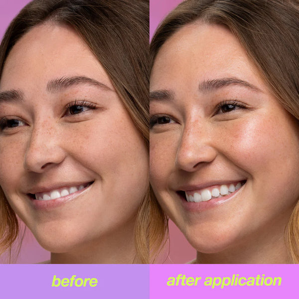Side-by-side comparison of a woman’s face: left before shows natural skin; right after Dermalogica South Africa golden hour hydrating spf30 stick reveals smoother, radiant, non-comedogenic skin. Both captions in yellow at the bottom.