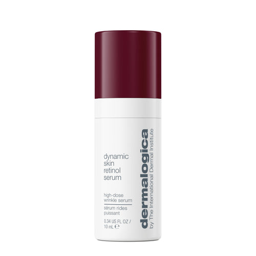 A 10 mL (0.34 US fl oz) white bottle of Dermalogica dynamic skin retinol serum with a dark red cap and gray branding, designed as a high-dose wrinkle serum to target pores and fine lines.