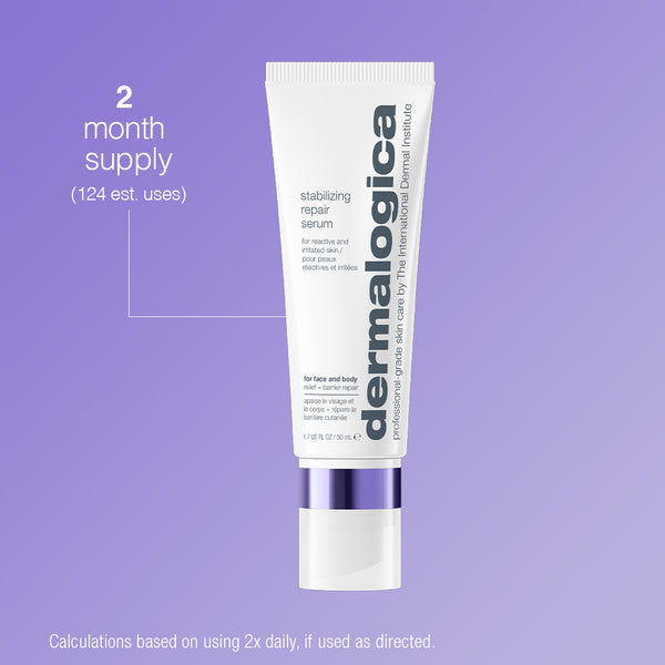 A tube of Dermalogica South Africa stabilizing repair face + body serum sits on a purple background, labeled as a 2-month supply (124 estimated uses), with directions for twice daily use shown at the bottom. Specially formulated to relieve redness and help restore the moisture barrier, it’s ideal for eczema-prone skin.