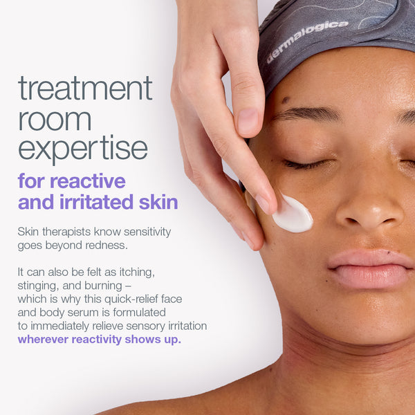 A person receives a facial treatment with a cotton pad, using the Dermalogica South Africa stabilizing repair face + body serum—formulated for reactive and irritated skin. The process relieves redness while soothing sensitivity, itching, and burning, making it ideal for eczema-prone skin or anyone looking to support their moisture barrier. A Dermalogica headband is visible.