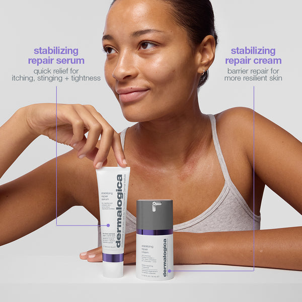 A woman holds two Dermalogica South Africa products—the Stabilizing Repair Face + Body Serum and the Stabilizing Repair Cream—against a neutral background. Text highlights that the serum is designed to relieve itching and redness, while the cream offers essential barrier repair for sensitive and eczema-prone skin.